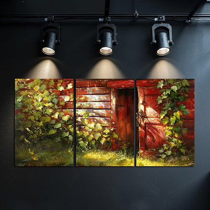 3pcs Charming Red Wooden Cabin & Green Vines Wall Art Set Canvas Framed 40x60cm - High Quality Print 100% Australian Made Wall Canvas Ready to Hang