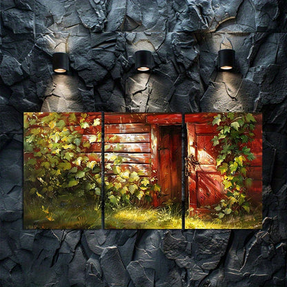 3pcs Charming Red Wooden Cabin & Green Vines Wall Art Set Canvas Framed 40x60cm - High Quality Print 100% Australian Made Wall Canvas Ready to Hang