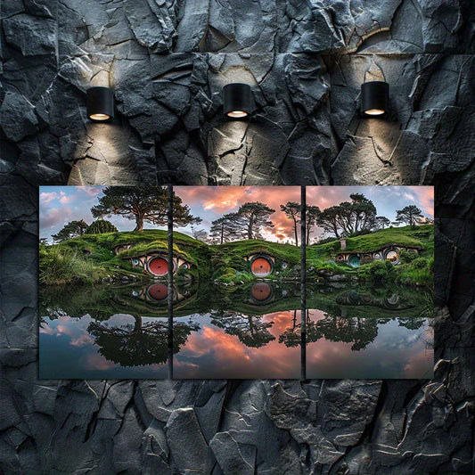 3pcs Serene Twilight Shire Reflection Scene Wall Art Set Canvas Framed 60x90cm - High Quality Print 100% Australian Made Wall Canvas Ready to Hang