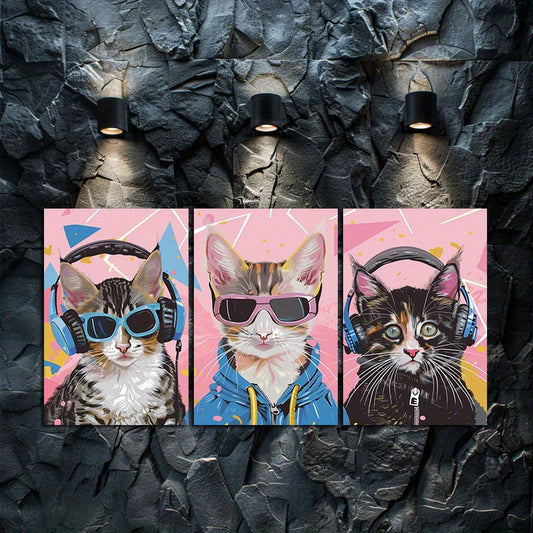 3pcs Cyberpunk Kittens DJ Cat Trio Pop Art Wall Art Set Canvas Framed 50x70cm - High Quality Print 100% Australian Made Wall Canvas Ready to Hang
