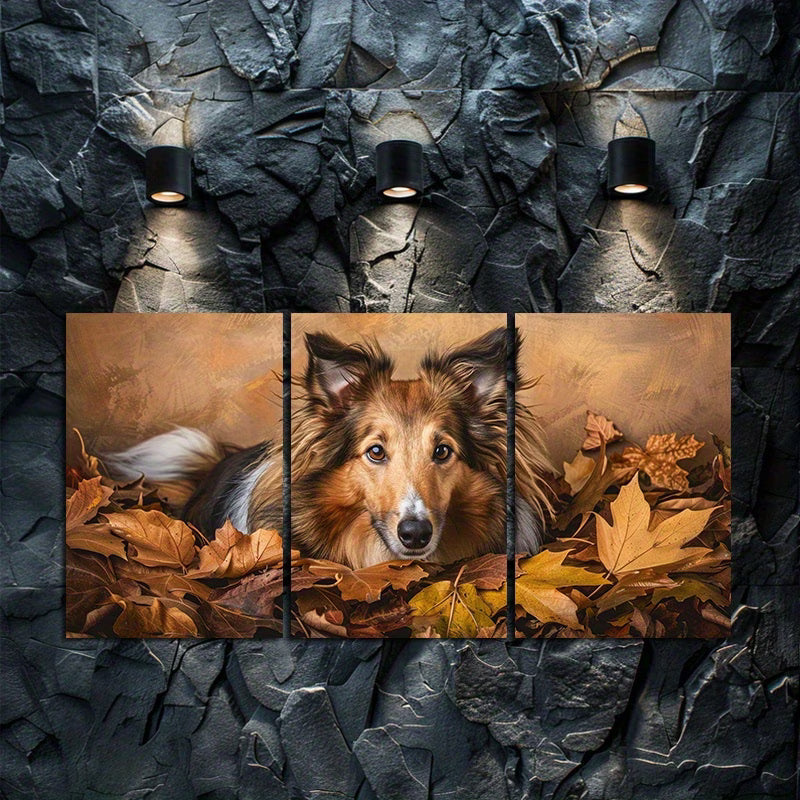 3pcs Shetland Sheepdog & Autumn Leaves Wall Art Set Canvas Framed 60x90cm - High Quality Print 100% Australian Made Wall Canvas Ready to Hang