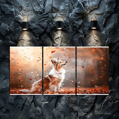 3pcs Shetland Sheepdog in Autumn Leaves Wall Art Set Canvas Framed 40x60cm - High Quality Print 100% Australian Made Wall Canvas Ready to Hang
