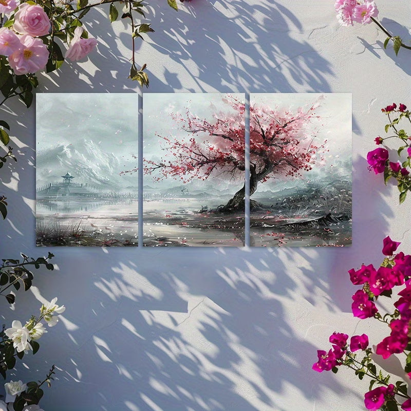 3pcs Single Cherry Blossom Tree in Full Bloom Wall Art Set Canvas Framed 50x70cm - High Quality Print 100% Australian Made Wall Canvas Ready to Hang
