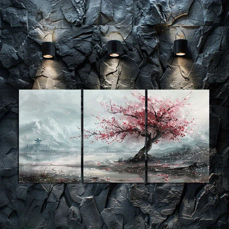 3pcs Single Cherry Blossom Tree in Full Bloom Wall Art Set Canvas Framed 50x70cm - High Quality Print 100% Australian Made Wall Canvas Ready to Hang