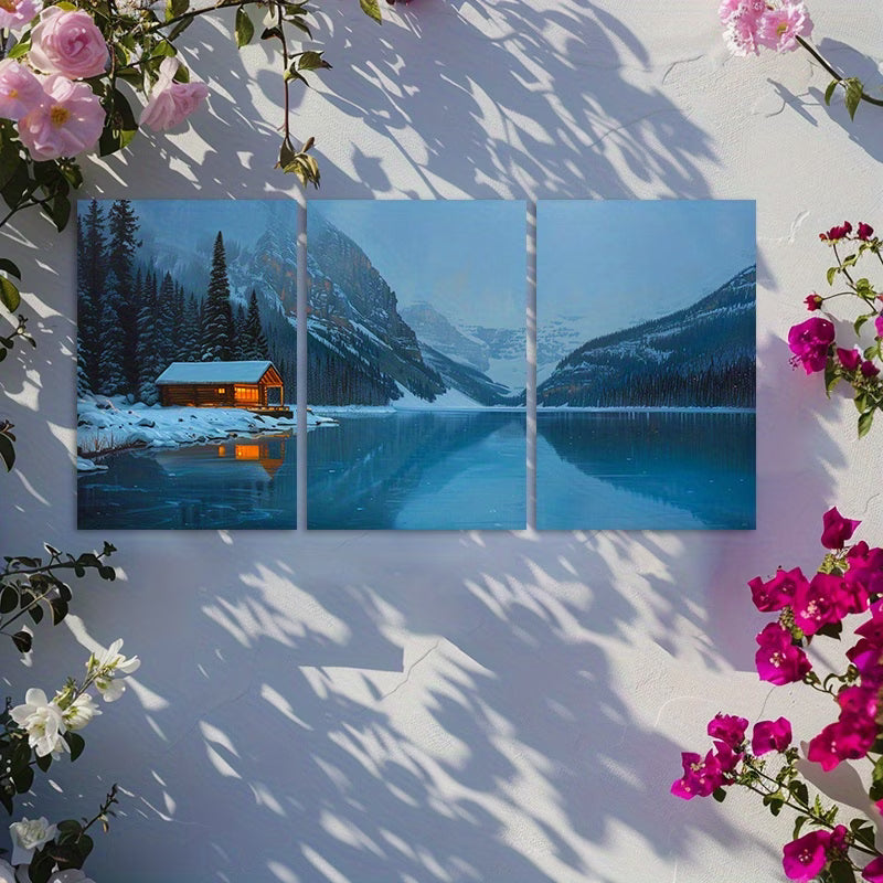 3pcs Charming Lake Moraine Cabin Wall Art Set Canvas Framed 60x90cm - High Quality Print 100% Australian Made Wall Canvas Ready to Hang