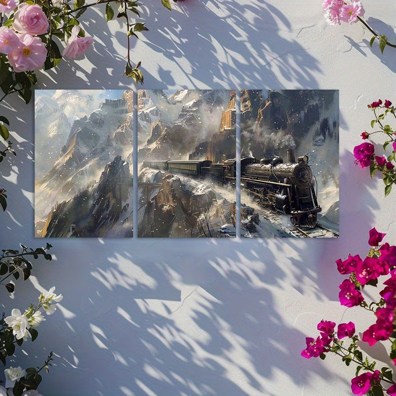 3pcs Steam Train with Black and Green Colors Wall Art Set Canvas Framed 50x70cm - High Quality Print 100% Australian Made Wall Canvas Ready to Hang