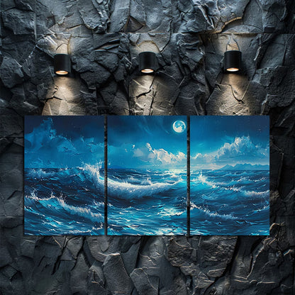 3pcs Ocean Wave Seascape Moonlit Sea Wall Art Set Canvas Framed 60x90cm - High Quality Print 100% Australian Made Wall Canvas Ready to Hang