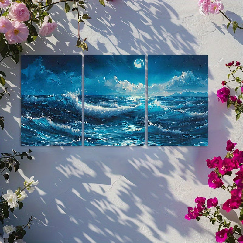 3pcs Ocean Wave Seascape Moonlit Sea Wall Art Set Canvas Framed 60x90cm - High Quality Print 100% Australian Made Wall Canvas Ready to Hang