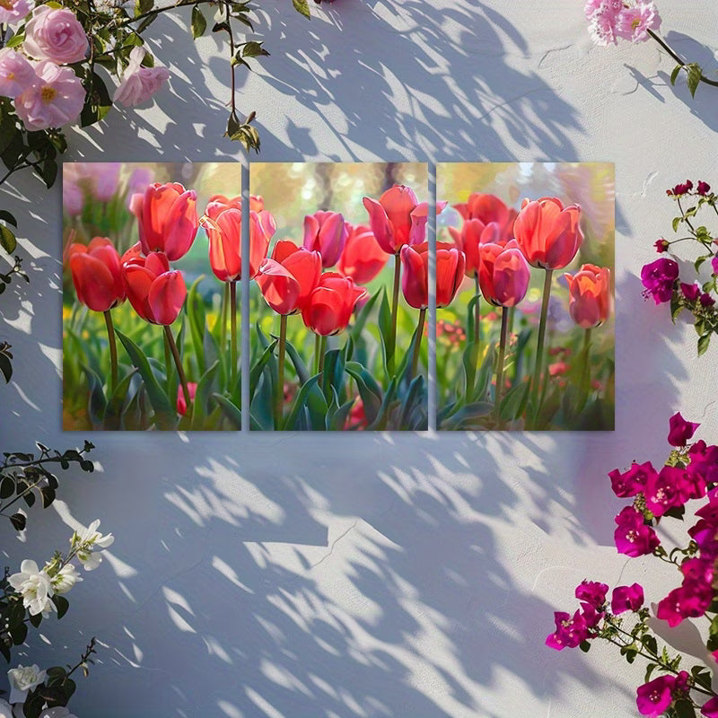 3pcs Vibrant Display of Red Tulips in Full Bloom Wall Art Set Canvas Framed 50x70cm - High Quality Print 100% Australian Made Wall Canvas Ready to Hang