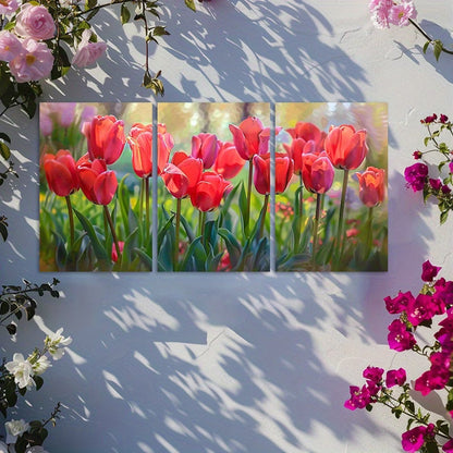 3pcs Vibrant Display of Red Tulips in Full Bloom Wall Art Set Canvas Framed 50x70cm - High Quality Print 100% Australian Made Wall Canvas Ready to Hang
