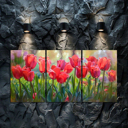 3pcs Vibrant Display of Red Tulips in Full Bloom Wall Art Set Canvas Framed 50x70cm - High Quality Print 100% Australian Made Wall Canvas Ready to Hang