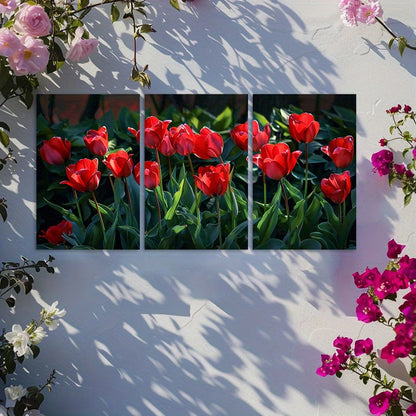 3pcs Vibrant Display of Red Tulips in Full Bloom Wall Art Set Canvas Framed 60x90cm - High Quality Print 100% Australian Made Wall Canvas Ready to Hang