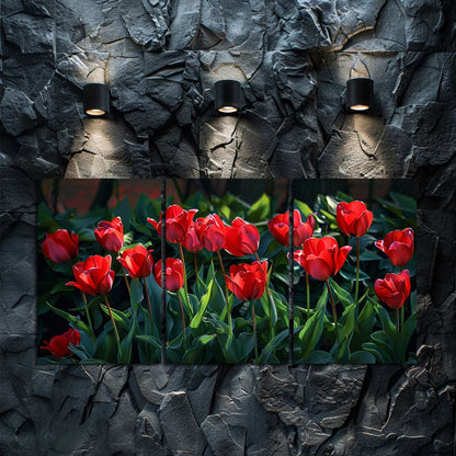 3pcs Vibrant Display of Red Tulips in Full Bloom Wall Art Set Canvas Framed 60x90cm - High Quality Print 100% Australian Made Wall Canvas Ready to Hang