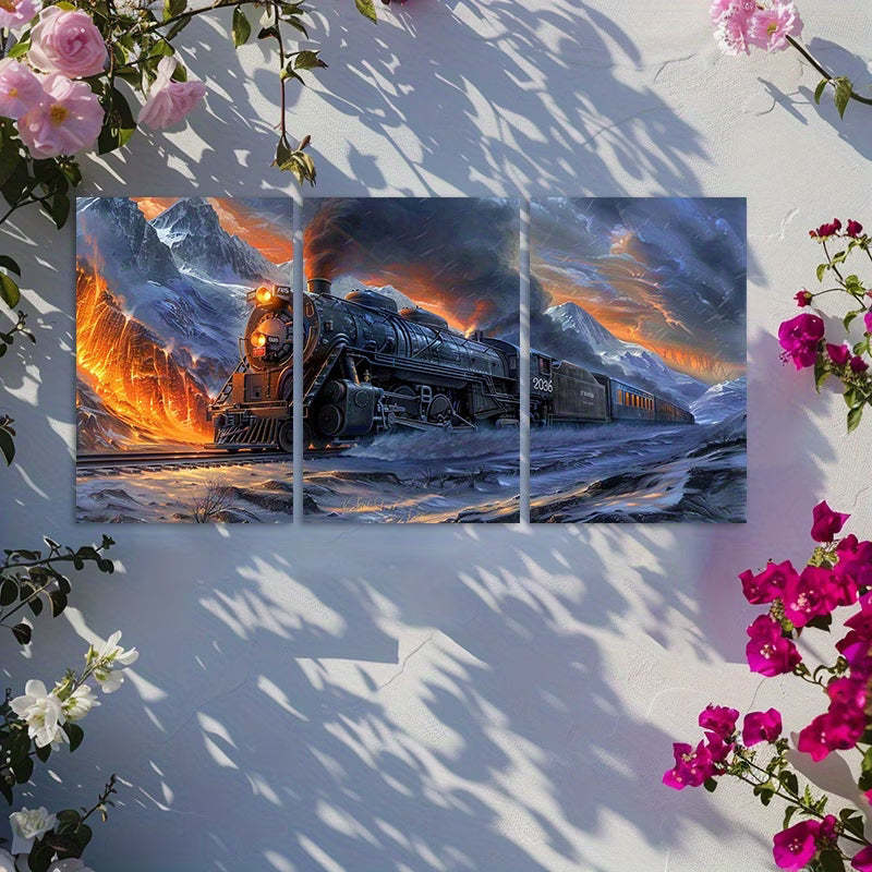 3pcs Vivid Mountain Landscape with Train Wall Art Set Canvas Framed 50x70cm - High Quality Print 100% Australian Made Wall Canvas Ready to Hang