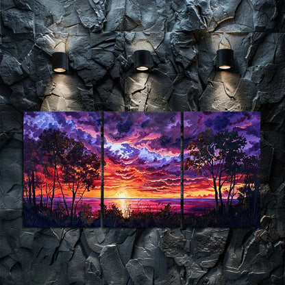 3pcs Vibrant Red and Purple Scenery Sunset Lake Wall Art Set Canvas Framed 40x60cm - High Quality Print 100% Australian Made Wall Canvas Ready to Hang