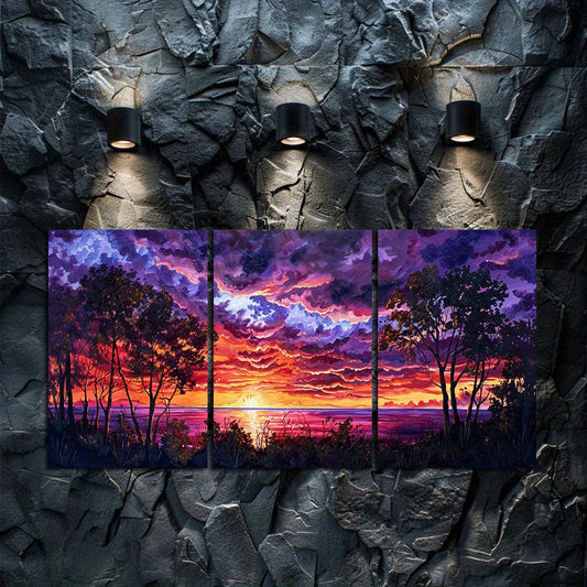 3pcs Vibrant Red and Purple Scenery Sunset Lake Wall Art Set Canvas Framed 40x60cm - High Quality Print 100% Australian Made Wall Canvas Ready to Hang