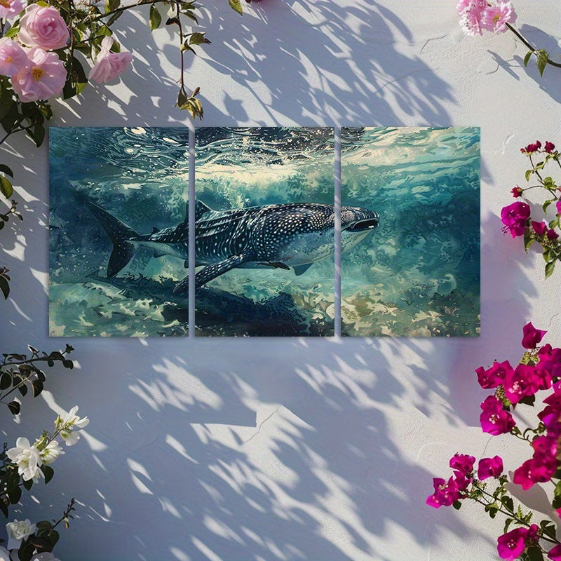 3pcs Whale Shark Ocean Scene Wall Art Set Canvas Framed 60x90cm - High Quality Print 100% Australian Made Wall Canvas Ready to Hang