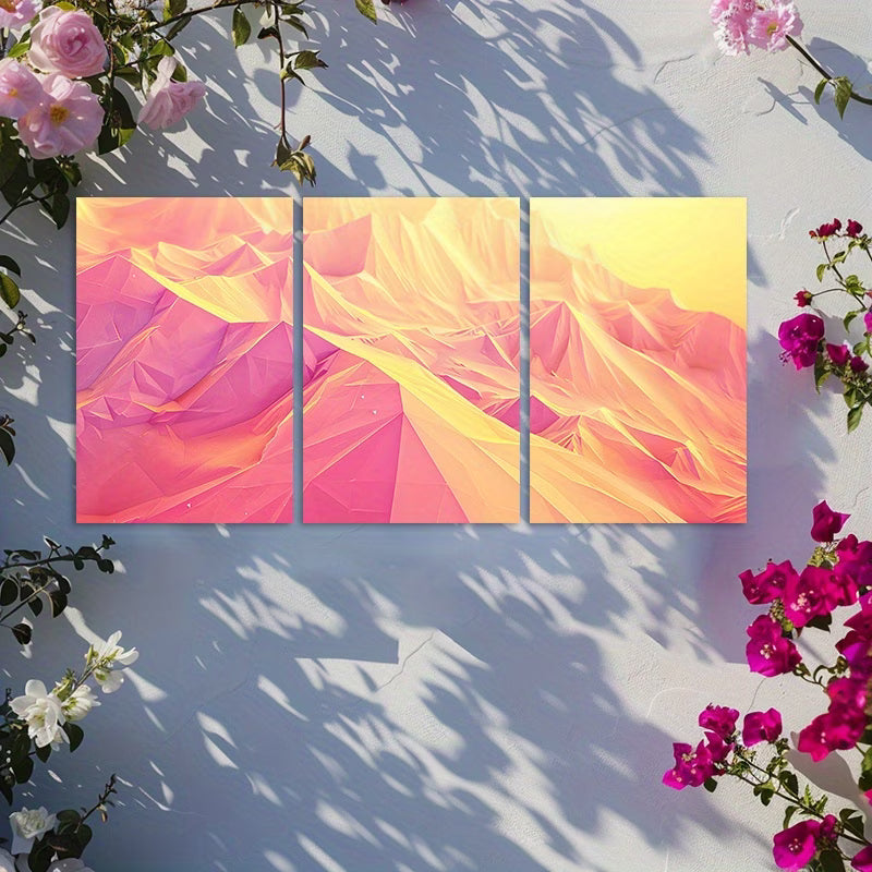 3pcs Modern Polygons in Yellow and Pink Abstract Wall Art Set Canvas Framed 50x70cm - High Quality Print 100% Australian Made Wall Canvas Ready to Hang