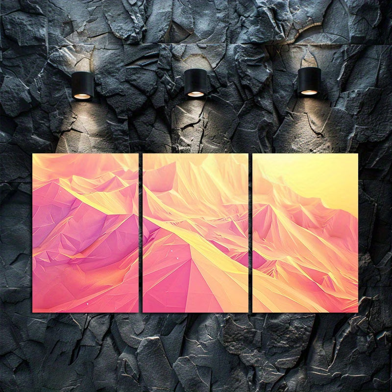 3pcs Modern Polygons in Yellow and Pink Abstract Wall Art Set Canvas Framed 50x70cm - High Quality Print 100% Australian Made Wall Canvas Ready to Hang