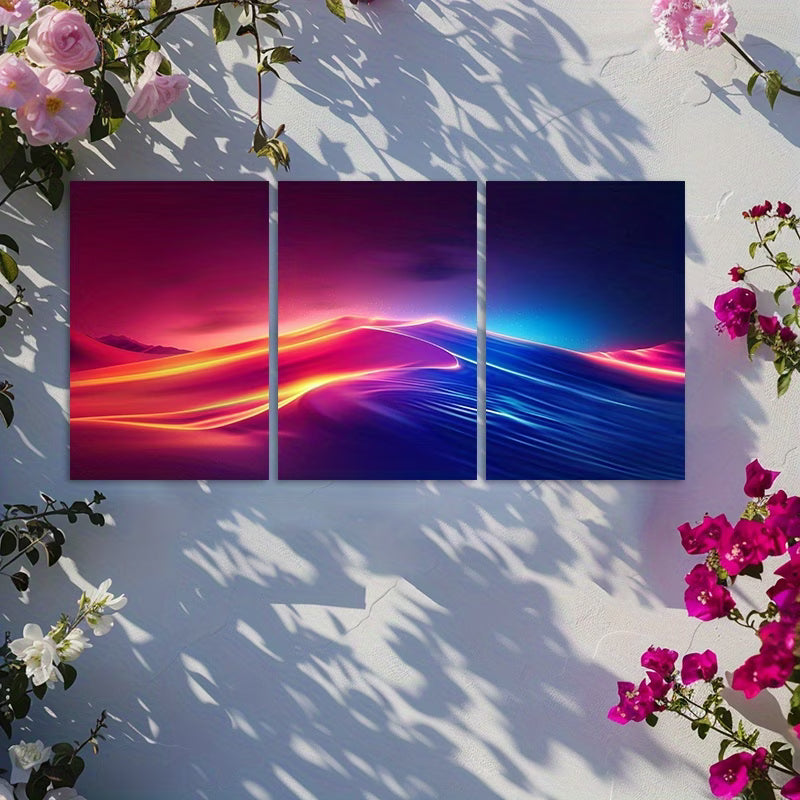 3pcs Vibrant Red, Blue, Orange Abstract Wave Wall Art Set Canvas Framed 50x70cm - High Quality Print 100% Australian Made Wall Canvas Ready to Hang