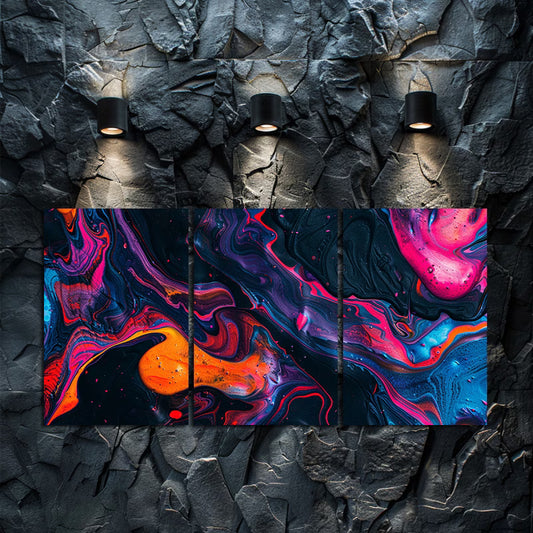 3pcs Abstract Swirls in Neon Red Orange & Violet Wall Art Set Canvas Framed 60x90cm - High Quality Print 100% Australian Made Wall Canvas Ready to Hang