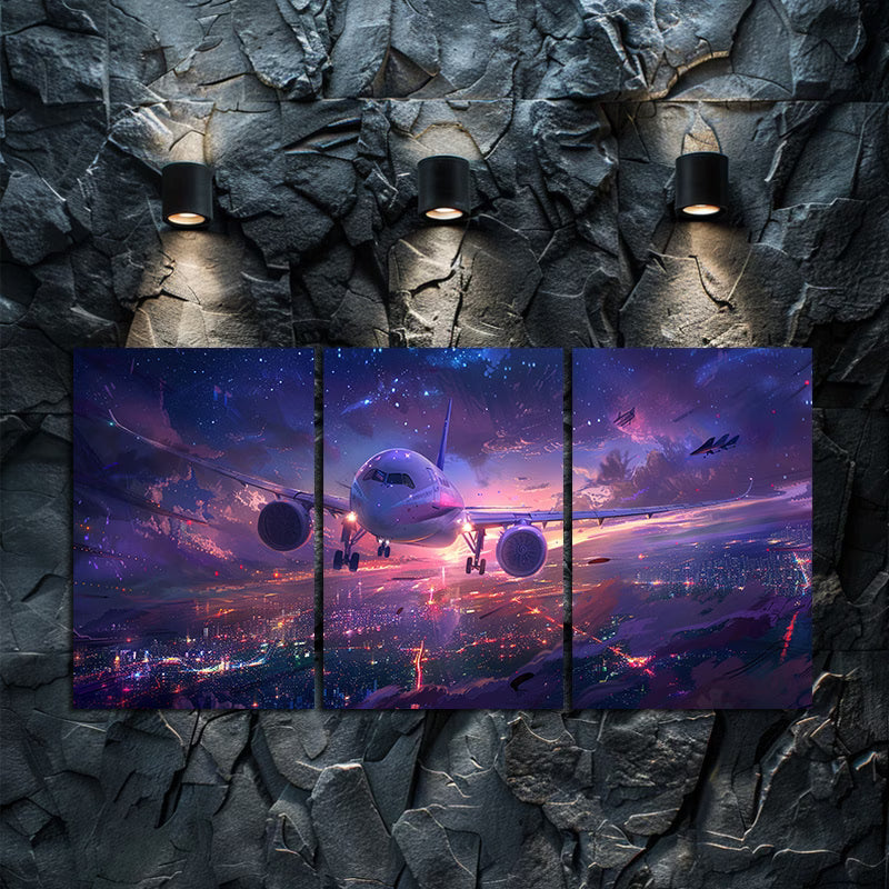 3pcs Vibrant Airplane & Cityscape Illustration Wall Art Set Canvas Framed 50x70cm - High Quality Print 100% Australian Made Wall Canvas Ready to Hang