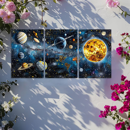 3pcs Artistic Planets and Rings Space Themed Wall Art Set Canvas Framed 60x90cm - High Quality Print 100% Australian Made Wall Canvas Ready to Hang
