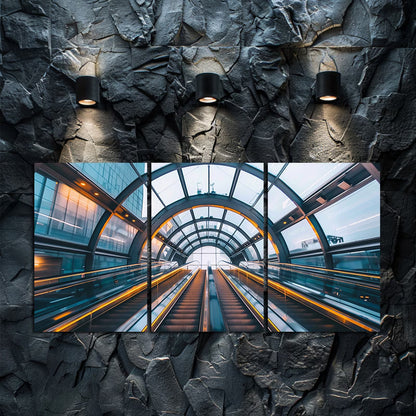 3pcs Glowing Escalator in Blue and Yellow Tunnel Wall Art Set Canvas Framed 60x90cm - High Quality Print 100% Australian Made Wall Canvas Ready to Hang