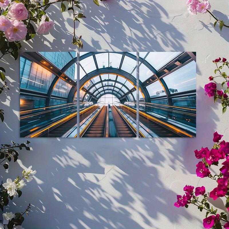 3pcs Glowing Escalator in Blue and Yellow Tunnel Wall Art Set Canvas Framed 40x60cm - High Quality Print 100% Australian Made Wall Canvas Ready to Hang
