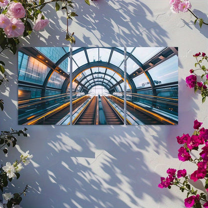 3pcs Glowing Escalator in Blue and Yellow Tunnel Wall Art Set Canvas Framed 60x90cm - High Quality Print 100% Australian Made Wall Canvas Ready to Hang