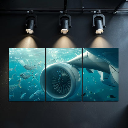 3pcs Aircraft Turbine Underwater Scene Wall Art Set Canvas Framed 40x60cm - High Quality Print 100% Australian Made Wall Canvas Ready to Hang