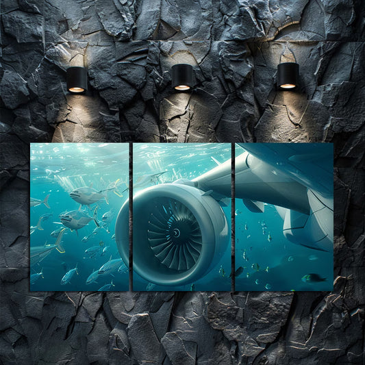 3pcs Aircraft Turbine Underwater Scene Wall Art Set Canvas Framed 40x60cm - High Quality Print 100% Australian Made Wall Canvas Ready to Hang