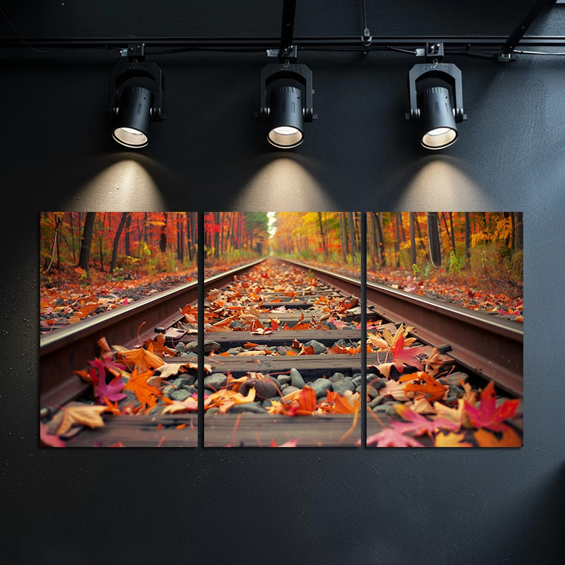 3pcs Fallen Leaves and Rocks on Railway Track Wall Art Set Canvas Framed 40x60cm - High Quality Print 100% Australian Made Wall Canvas Ready to Hang