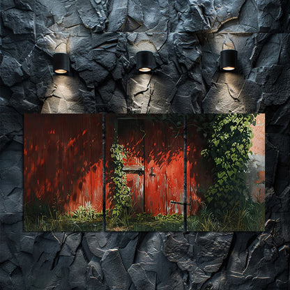 3pcs Rustic Red Wooden Cabin with Vines and Ivy Wall Art Set Canvas Framed 40x60cm - High Quality Print 100% Australian Made Wall Canvas Ready to Hang