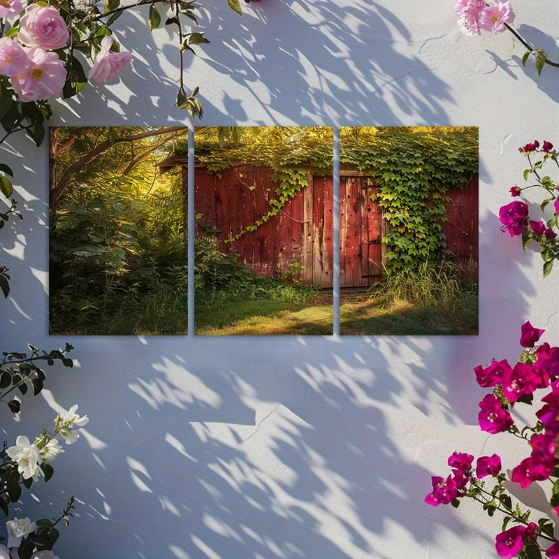 3pcs Old Red Wooden Cabin Covered in Vines Wall Art Set Canvas Framed 40x60cm - High Quality Print 100% Australian Made Wall Canvas Ready to Hang