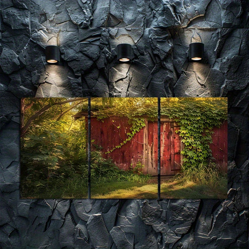 3pcs Old Red Wooden Cabin Covered in Vines Wall Art Set Canvas Framed 40x60cm - High Quality Print 100% Australian Made Wall Canvas Ready to Hang