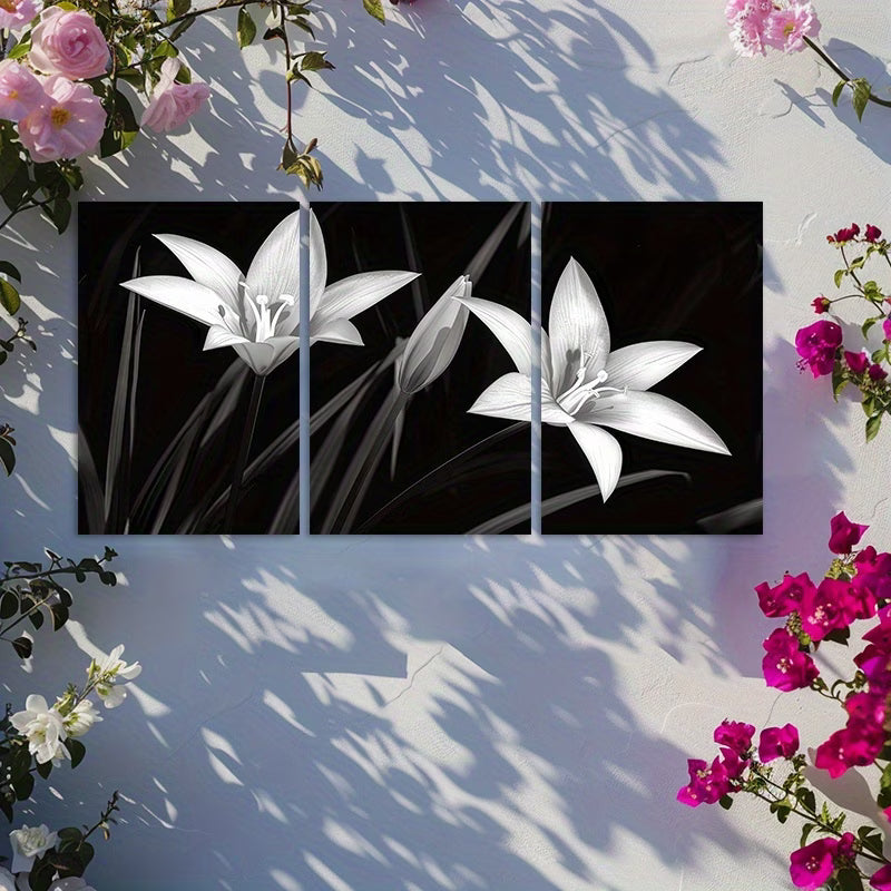 3pcs Night Lilies in Black and White Wall Art Set Canvas Framed 60x90cm - High Quality Print 100% Australian Made Wall Canvas Ready to Hang