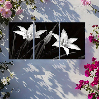 3pcs Night Lilies in Black and White Wall Art Set Canvas Framed 50x70cm - High Quality Print 100% Australian Made Wall Canvas Ready to Hang