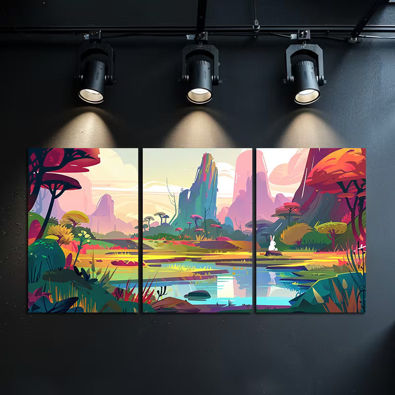 3pcs Colorful Cartoon Style Landscape Wall Art Set Canvas Framed 40x60cm - High Quality Print 100% Australian Made Wall Canvas Ready to Hang