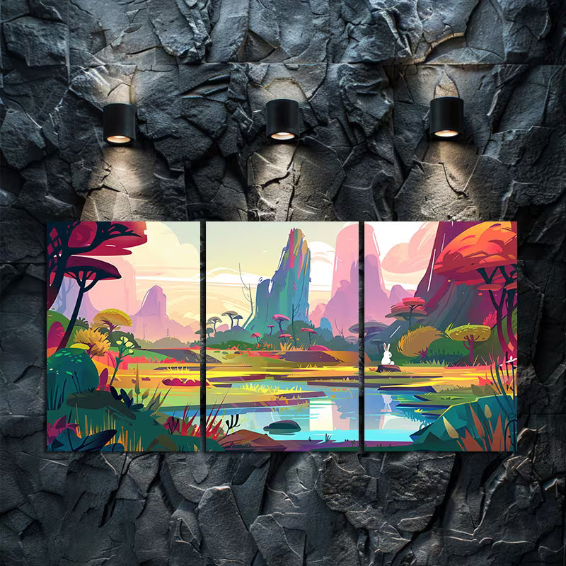 3pcs Colorful Cartoon Style Landscape Wall Art Set Canvas Framed 40x60cm - High Quality Print 100% Australian Made Wall Canvas Ready to Hang