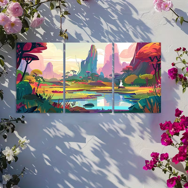 3pcs Colorful Cartoon Style Landscape Wall Art Set Canvas Framed 40x60cm - High Quality Print 100% Australian Made Wall Canvas Ready to Hang