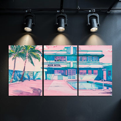 3pcs Vibrant Art Deco Motel & Poolside Scene Wall Art Set Canvas Framed 50x70cm - High Quality Print 100% Australian Made Wall Canvas Ready to Hang