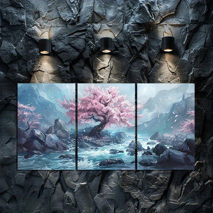 3pcs Cherry Blossom Tree in The Middle of A Rock Wall Art Set Canvas Framed 40x60cm - High Quality Print 100% Australian Made Wall Canvas Ready to Hang