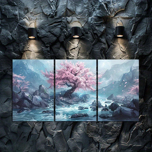 3pcs Cherry Blossom Tree in The Middle of A Rock Wall Art Set Canvas Framed 40x60cm - High Quality Print 100% Australian Made Wall Canvas Ready to Hang