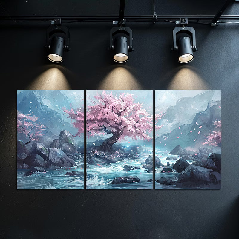 3pcs Cherry Blossom Tree in The Middle of A Rock Wall Art Set Canvas Framed 60x90cm - High Quality Print 100% Australian Made Wall Canvas Ready to Hang