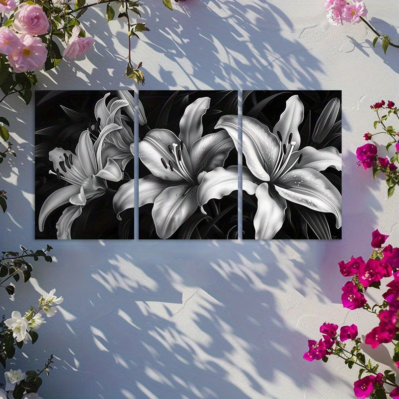 3pcs Black & White Night Lilies Wall Art Set Canvas Framed 50x70cm - High Quality Print 100% Australian Made Wall Canvas Ready to Hang