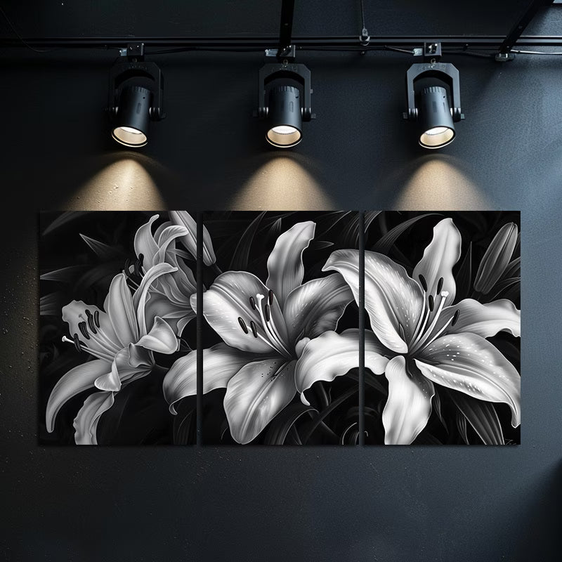 3pcs Black & White Night Lilies Wall Art Set Canvas Framed 50x70cm - High Quality Print 100% Australian Made Wall Canvas Ready to Hang