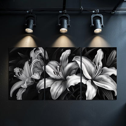 3pcs Black & White Night Lilies Wall Art Set Canvas Framed 50x70cm - High Quality Print 100% Australian Made Wall Canvas Ready to Hang