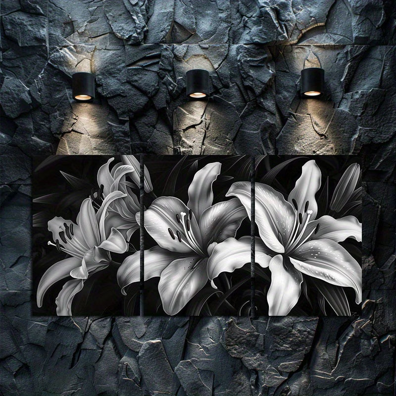 3pcs Black & White Night Lilies Wall Art Set Canvas Framed 50x70cm - High Quality Print 100% Australian Made Wall Canvas Ready to Hang