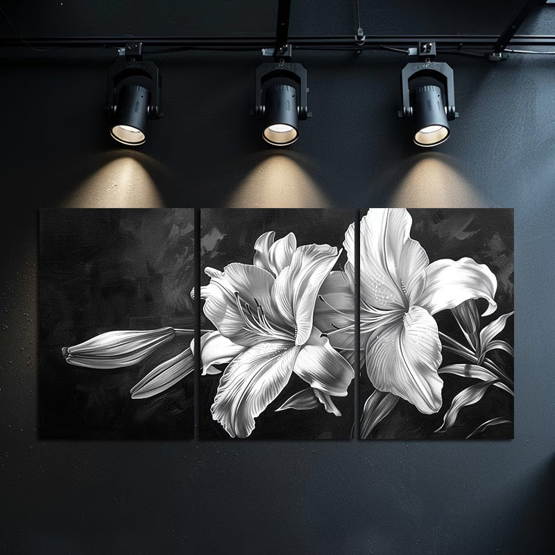 3pcs Black & White Blooming Lilies Wall Art Set Canvas Framed 50x70cm - High Quality Print 100% Australian Made Wall Canvas Ready to Hang